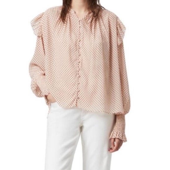 ALLSAINTS Lara Polka Dot Sheer Blouse Rosewater Pink 2 Feminine Relaxed Smocked - Picture 1 of 12